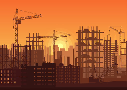 Tower cranes on construction site in sunset. Buildings under construction in sunrise. City skyline silhouette vector illustration.