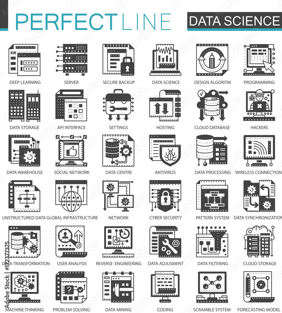 Poster data science technology classic black mini concept symbols. machine learning process modern icon pic