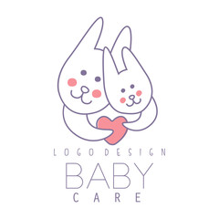 Baby care logo design, emblem with two cute bunnies with heart, label for kids club, baby or toys shop and any other children projects colorful vector Illustration