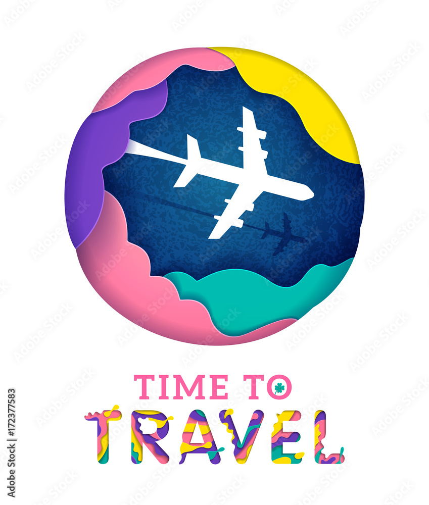 Wall mural colorful time to travel banner with abstract paper cut cloud. origami papercut style. vector illustr