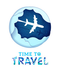 Obraz na płótnie Canvas Time to travel banner with abstract paper cut cloud. Origami papercut style. Vector illustration.