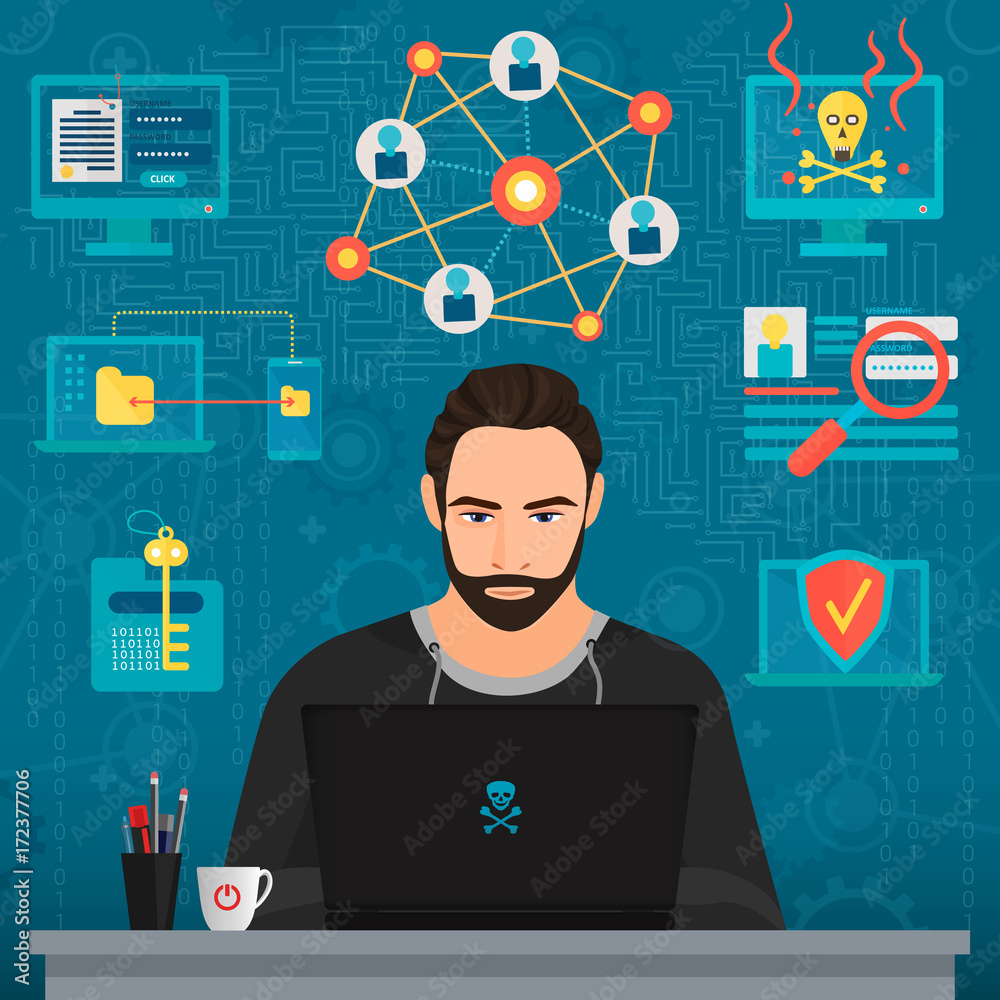Fototapete Vector illustration of bearded coder hacker thoughtful man thinking at table.