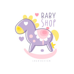 Baby shop logo design, emblem with rocking horse toy