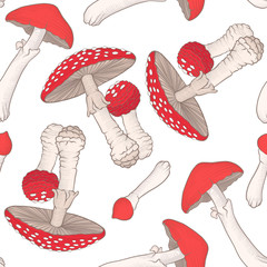 Seamless pattern and background with amanita mushrooms.
