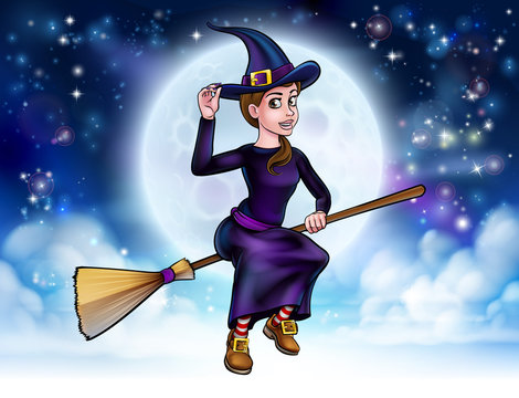 Halloween Witch Flying on Broomstick Background