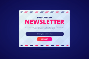 Subscribe to newsletter card with email input and submit button.
