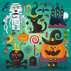 Set of cute ghost, cat, castle, scull, pumpkin with head and other spooky characters, elements and treats for Halloween decoration.