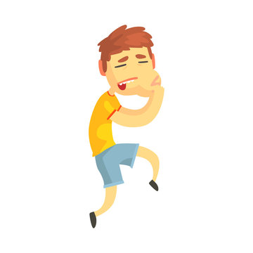 Unhappy boy suffering from toothache cartoon character vector illustration