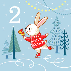 Vector New Year advent calendar in childrens style. The hare skates among the trees. Winter illustration with cute animal.