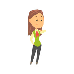 Businesswoman character in formal wear standing and checking her watch, business person at work cartoon vector illustration