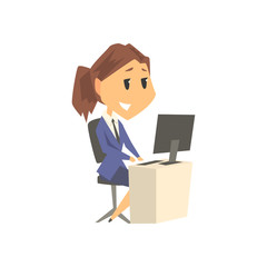 Smiling businesswoman character in formal wear working on a computer at her office desk, business person at work cartoon vector illustration