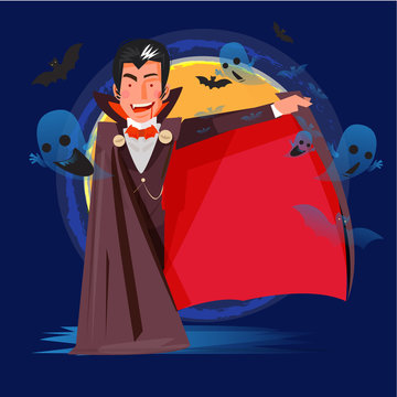 dracula character design open his mantle to presenting. typographic vector illustration