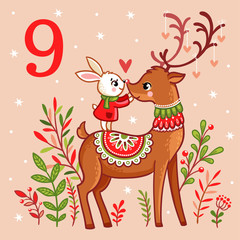 Vector Christmas advent calendar in childrens style. Cute bunny standing on Christmas reindeer. Illustration with animals.