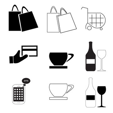 icons vector set with coffee - shopping cart - bags - drink glass - mobile phone - credit card