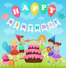 Birthday party for kids. Cartoon vector illustration.