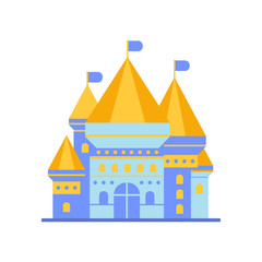 Light blue fairytale royal castle or palace building with golden roof vector illustration