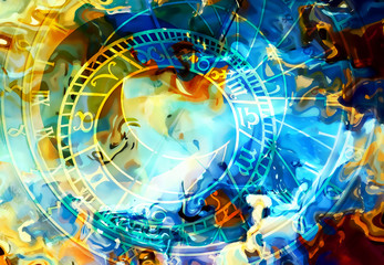 astrological symbol Zodiac. Abstract color background. Computer collage.