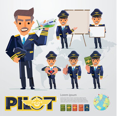 Airplane Pilot character in various action with graphic elements. typographic design - vector illustration - obrazy, fototapety, plakaty