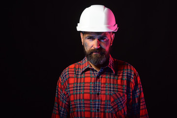 Labour and heavy industry concept. Builder or repairer with beard