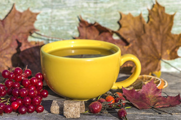nice autumn/cup of hot tea and various berries on rustic background 