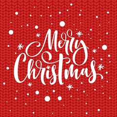 Merry Christmas. Typography greeting card with lettering on red knitted texture.