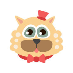 Cute cat head wearing red top hat and bow tie, funny cartoon animal character, adorable domestic pet vector illustration