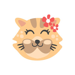Cute cat head with closed eyes, funny cartoon animal character, adorable domestic pet vector illustration