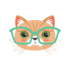 Cute cat wearing glasses, funny cartoon animal character vector illustration