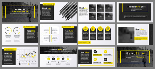 Yellow and black business presentation slides templates from infographic elements. Can be used for presentation, flyer and leaflet, brochure, marketing, advertising, annual report, banner, booklet. - obrazy, fototapety, plakaty