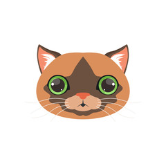 Cute brown cat head with green eye, funny cartoon animal character vector illustration
