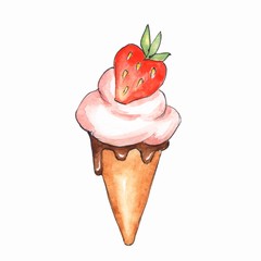 Ice cream with strawberry. Watercolor sketch 
