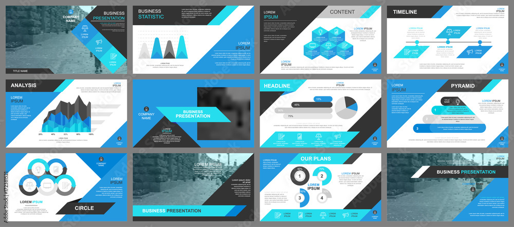 Poster Blue business presentation slides templates from infographic elements. Can be used for presentation, flyer and leaflet, brochure, marketing, advertising, annual report, banner, booklet.