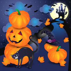 Halloween background with pumpkins, black cat and hat