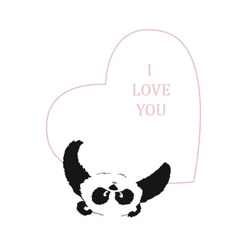 Panda with a heart in his paws on a transparent background. Postcard to the day of St. Valentine