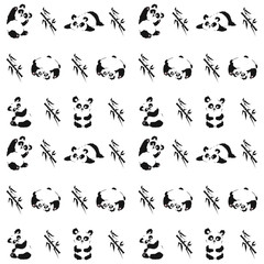 Seamless pattern with playing pandas and bamboo. Hand draw vector illustration
