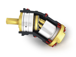 Axial piston hydraulic engine is gold in front 3d render on white background