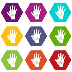 Fototapeta premium Baby and mother hand icon set color hexahedron