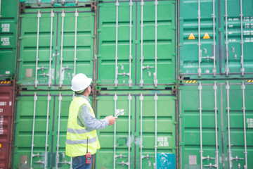 Foreman is using tablet to monitor inventory while working in the container depot.