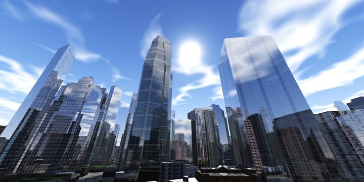 panorama of a modern city, skyscrapers view from below, 3d rendering
