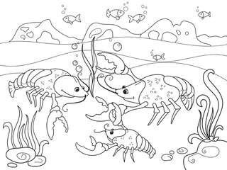 Childrens cartoon family of crayfish on the bottom of the pond. Vector illustration of a coloring book.