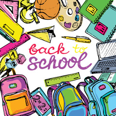 Freehand drawing school items. Back to School.  Back to school big doodles set. Hand drawn with ink. Vector illustration