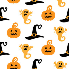 Halloween seamless pattern with ghosts and witch hats