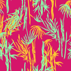 Bamboo seamless tropical leaves pattern on exotic trendy background. Tropical asian plant wallpaper, chinese or japanese nature textile print.