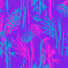 Bamboo seamless tropical leaves pattern on exotic trendy background. Tropical asian plant wallpaper, chinese or japanese nature textile print.
