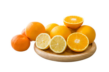 Mandarin oranges and half slice on wooden tray in modern room.