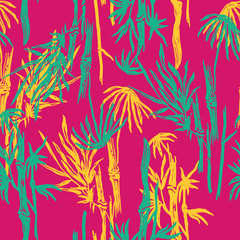 Bamboo seamless tropical leaves pattern on exotic trendy background. Tropical asian plant wallpaper, chinese or japanese nature textile print.