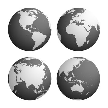 Set of four planet Earth globes with light grey land silhouette map on dark grey water background. 3D Vector illustration.