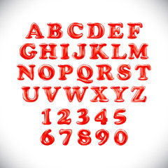 English alphabet and numerals from red, balloons on a white background. holidays and education