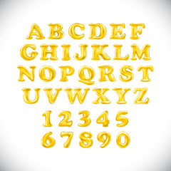 English alphabet and numerals from yellow (Golden) balloons on a white background. holidays and education