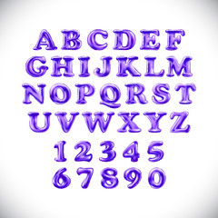 English alphabet and numerals from purple, violet balloons on a white background. holidays and education